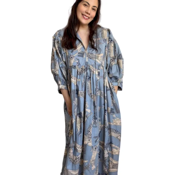 2 Shakti dress, Color azul acero con gatos