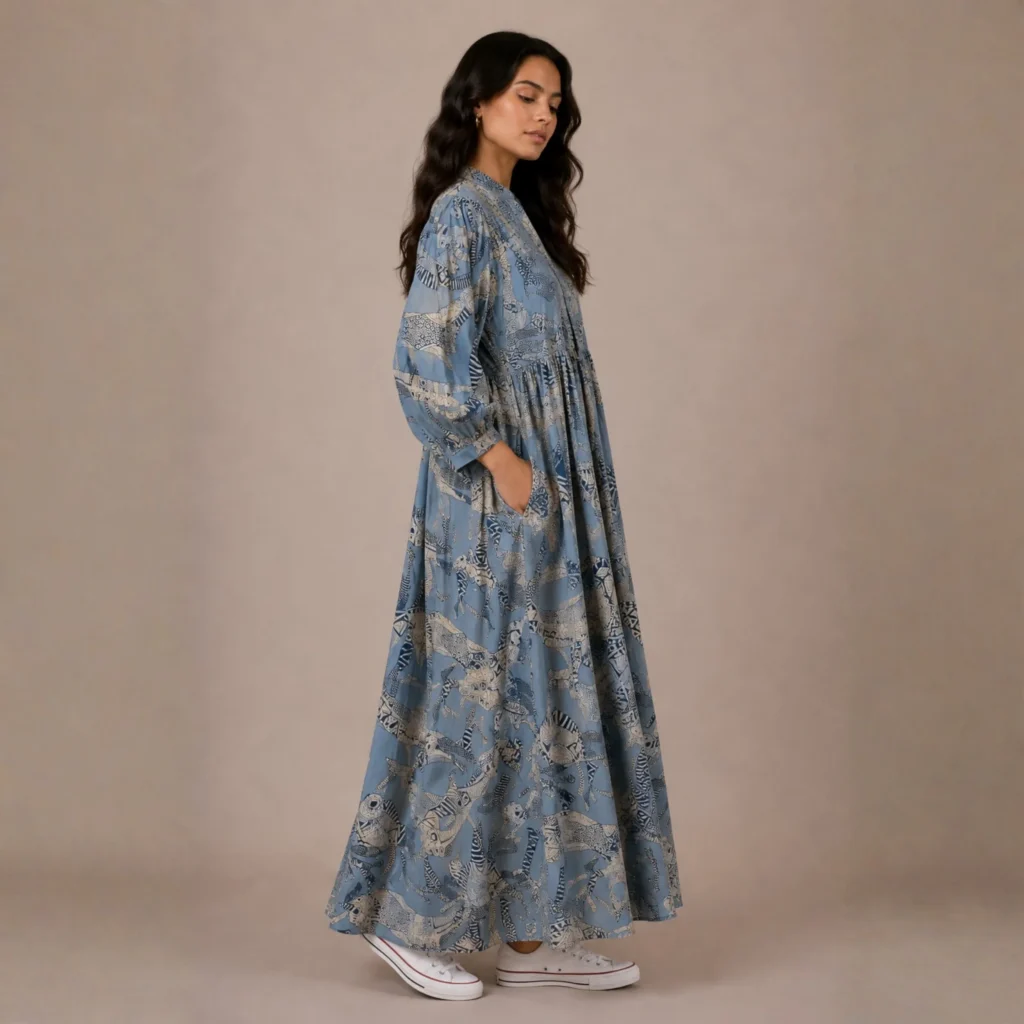 Shakti dress, Color azul acero con gatos